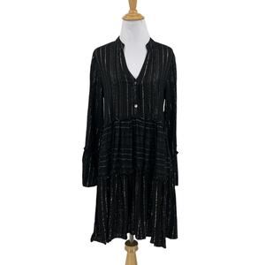 Dia Dress Womens M Medium Black Gold Lurex Metallic Tiered Long Sleeve Tiered